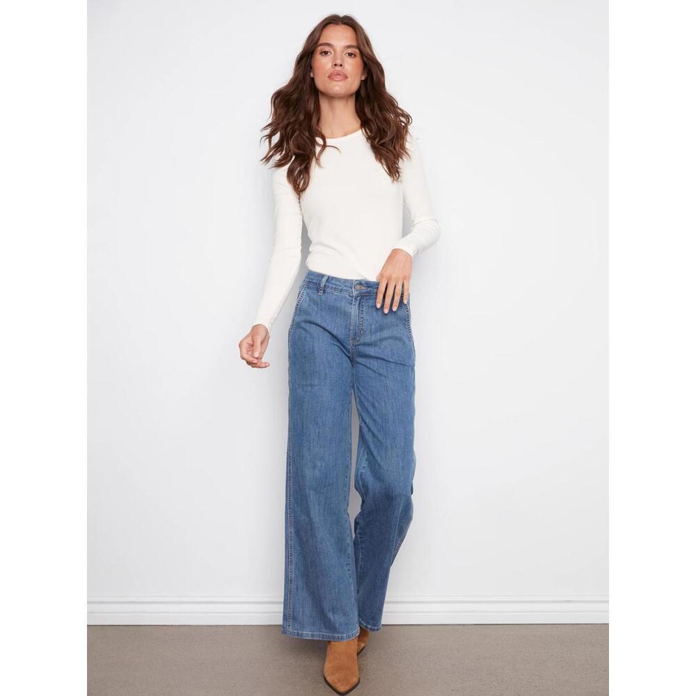 Charlie B Classic Blue Slash Pocket Wide Leg Jean